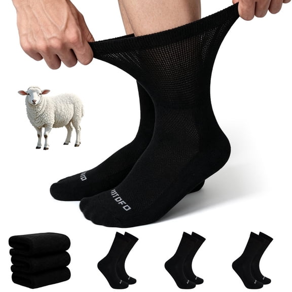 AMITOFO Diabetic-Friendly Socks, Wool Bamboo Viscose Blend Non-Binding Crew Socks for Men Women,Wide Cuff Moisture Wicking, 3 Pairs Black 11-13