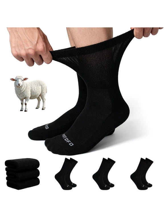 Diabetic-Friendly Socks, Wool Bamboo Viscose Blend Non-Binding Crew Socks for Men Women,Wide Cuff Moisture Wicking, 3 Pairs Black 9-11