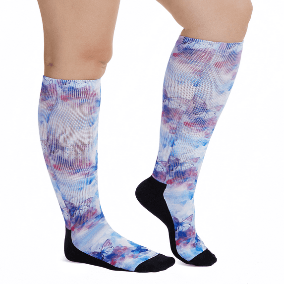 AMITOFO Diabetic Socks for Women, Non Binding Top, Seamless Toe, Loose Fit, Ultra Stretch Design for Swollen Legs, Edema, Elderly, Colorful Butterfly, 13-15