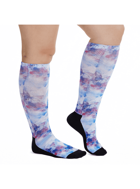 Diabetic Socks for Women, Non Binding Top, Seamless Toe, Loose Fit, Ultra Stretch Design for Swollen Legs, Edema, Elderly, Colorful Butterfly, 13-15