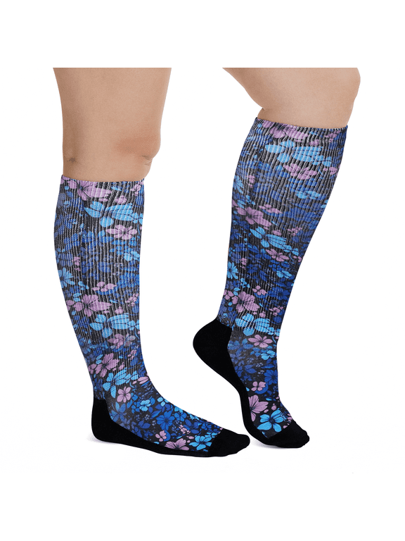 Diabetic Socks for Women, Non Binding Top, Seamless Toe, Loose Fit, Ultra Stretch Design for Swollen Legs, Edema, Elderly, Blue Flower, 13-15