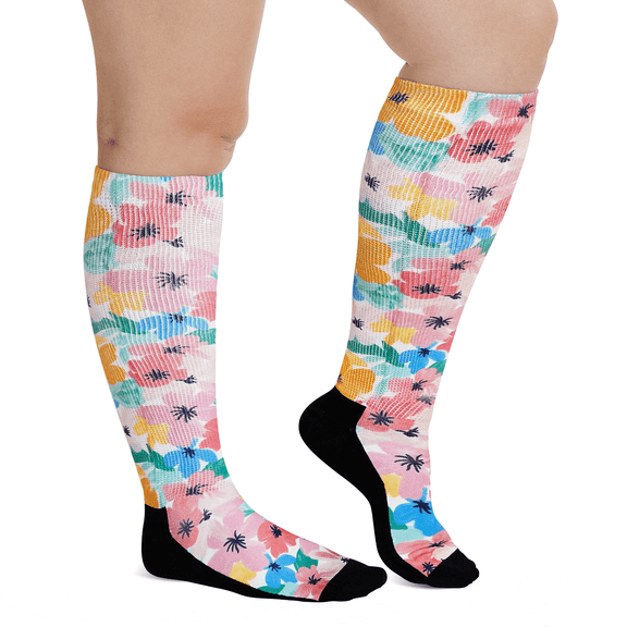 AMITOFO Diabetic Socks for Women, Non Binding Top, Seamless Toe, Loose Fit, Ultra Stretch Design for Swollen Legs, Edema, Elderly, Pink Flower, 13-15