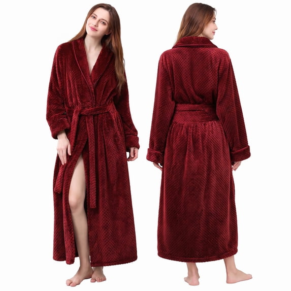 AMITOFO Fleece Robe for Women Soft Warm Long Plush Bathrobe Slim Elastic Waist Sleepwear Housecoats