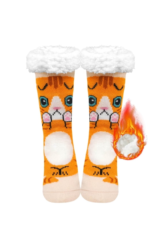 Fuzzy Slipper Socks for Women with Grippers – Thick Knit Non-Slip Women's Slipper Socks with Cute Cat & Dog Patterns, Warm Cozy Indoor House Socks