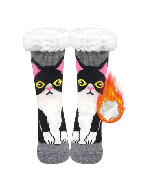 Fuzzy Slipper Socks for Women with Grippers – Thick Knit Non-Slip Women's Slipper Socks with Cute Cat & Dog Patterns, Warm Cozy Indoor House Socks