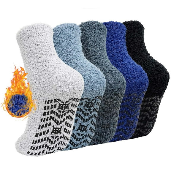 AMITOFO Fuzzy Socks 5 Pairs Slipper Socks for Men Soft Cozy Plush Fluffy Socks with Grips Non Slip Winter Warm Sock