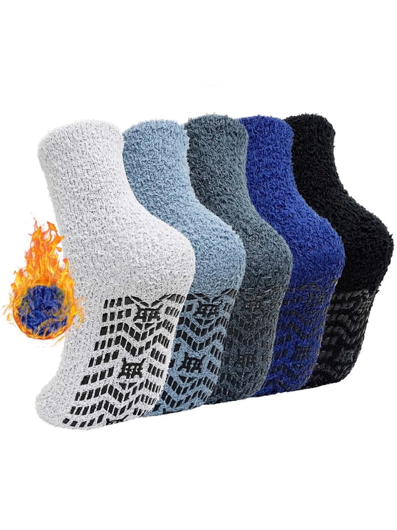 Fuzzy Socks 5 Pairs Slipper Socks for Men Soft Cozy Plush Fluffy Socks with Grips Non Slip Winter Warm Sock
