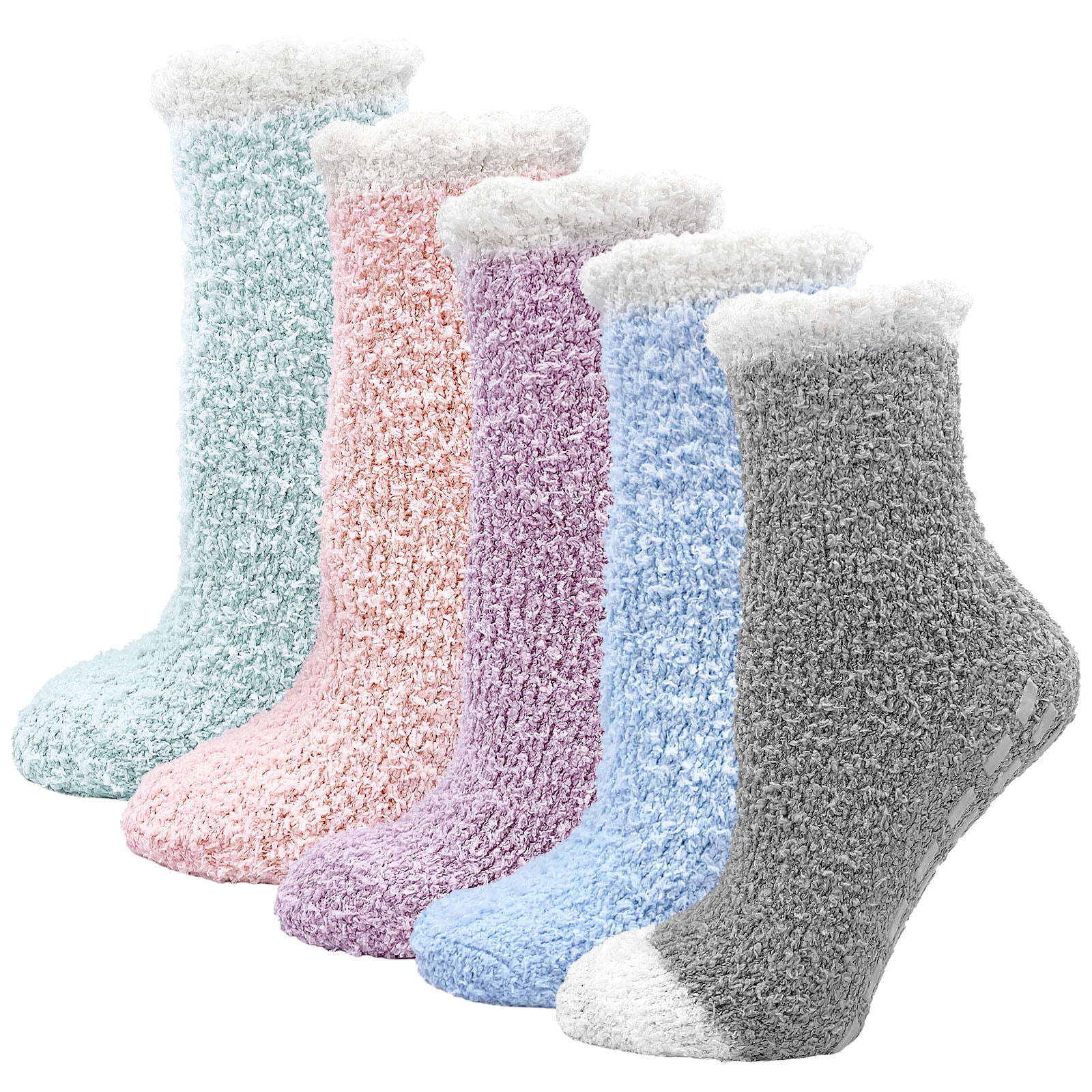 AMITOFO Fuzzy Socks 5 Pairs Slipper Socks for Women Soft Cozy Plush Fluffy  Socks with Grips Non Slip Winter Warm Sock , Size 6-10