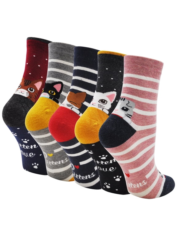 Girls Socks Cute Cat Soft Cotton Ankle Socks for Girls Kids Toddler Socks 7-9 Years ,5 Pairs