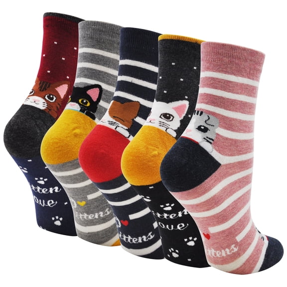 AMITOFO Girls Socks Cute Cat Soft Cotton Ankle Socks for Girls Kids Toddler Socks 7-9 Years ,5 Pairs