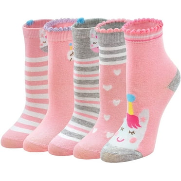 AMITOFO Girls Socks Fashion Novelty Ankle Socks for Kids Cute Unicorn Pattern Cotton Ruffle Crew Socks for 2-11 Years 5 Pair