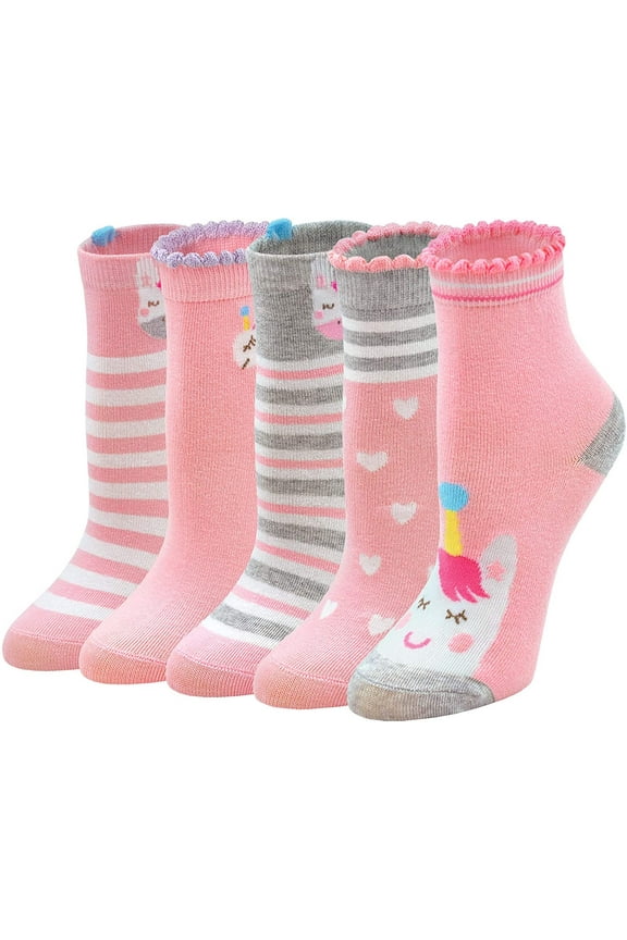 Girls Socks Fashion Novelty Ankle Socks for Kids Cute Unicorn Pattern Cotton Ruffle Crew Socks for 2-11 Years 5 Pair