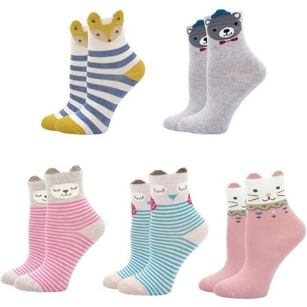 AMITOFO Girls Socks Soft Cotton Ankle Socks for Kids Cute Animal PatterCrew Socks for Toddler Girls 8-11 Years 5 Pairsn Novelty