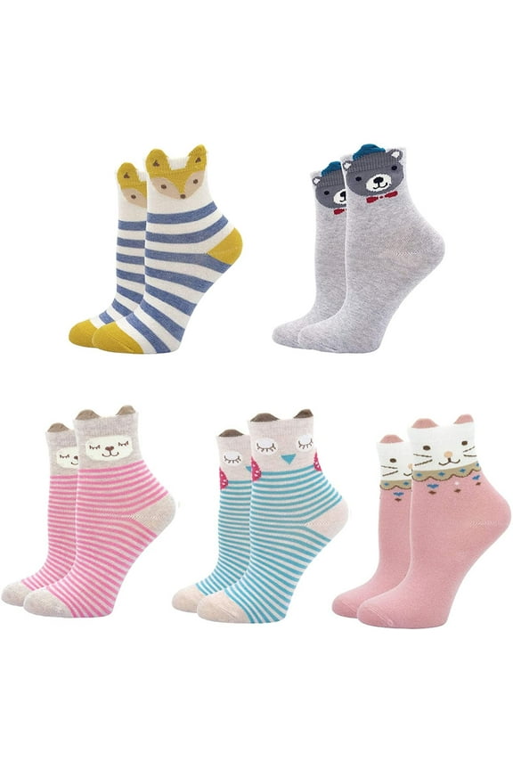 Girls Socks Soft Cotton Ankle Socks for Kids Cute Animal PatterCrew Socks for Toddler Girls 8-11 Years 5 Pairsn Novelty