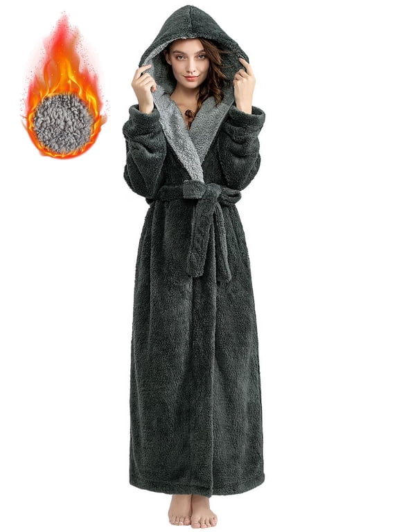 Long Hooded Robes for Women Luxurious Plush Bathrobes with Pockets & Waist Belt Full Length Bathrobe Winter Warm Sleepwear - 3XL & Gray