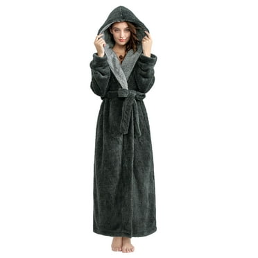 AMITOFO Long Hooded Robes for Women Luxurious Plush Bathrobes with Pockets & Waist Belt Full Length Bathrobe Winter Warm Sleepwear - L & Gray