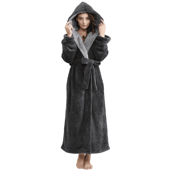 AMITOFO Long Hooded Robes for Women Luxurious Plush Bathrobes with Pockets & Waist Belt Full Length Bathrobe Winter Warm Sleepwear - L & Gray