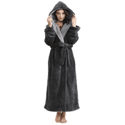 AMITOFO Long Hooded Robes for Women Luxurious Plush Bathrobes with Pockets & Waist Belt Full Length Bathrobe Winter Warm Sleepwear - L & Gray