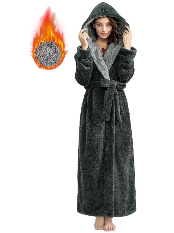 Long Hooded Robes for Women Luxurious Plush Bathrobes with Pockets & Waist Belt Full Length Bathrobe Winter Warm Sleepwear - L & Gray