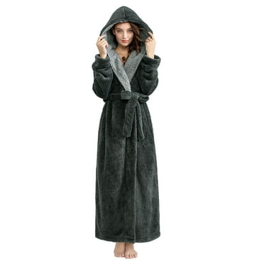AMITOFO Long Hooded Robes for Women Luxurious Plush Bathrobes with Pockets & Waist Belt Full Length Bathrobe Winter Warm Sleepwear - XL & Gray