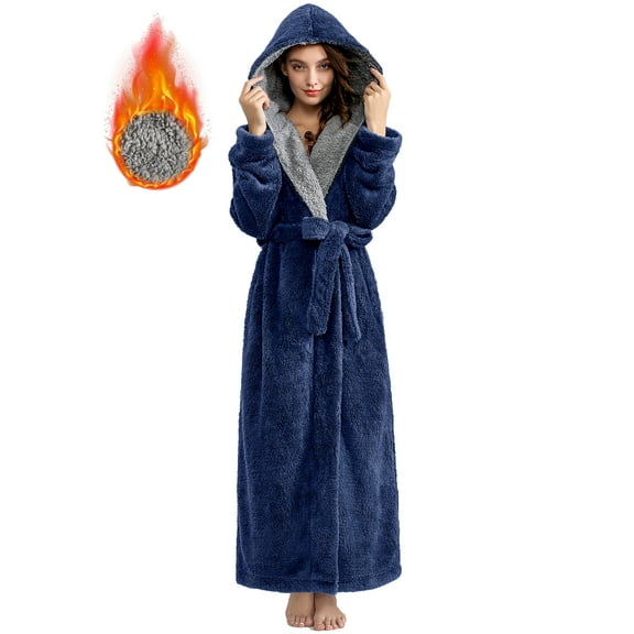 AMITOFO Long Hooded Robes for Women Luxurious Plush Bathrobes with Pockets & Waist Belt Full Length Bathrobe Winter Warm Sleepwear - XL & Navy