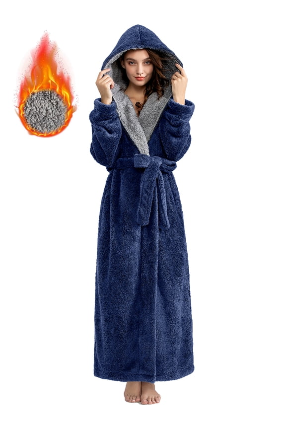 Long Hooded Robes for Women Luxurious Plush Bathrobes with Pockets & Waist Belt Full Length Bathrobe Winter Warm Sleepwear - XL & Navy