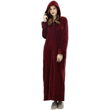 AMITOFO Long Hooded Robes for Women Soft Warm Fleece Zipper Bathrobe with Pockets and Jacquard Pattern