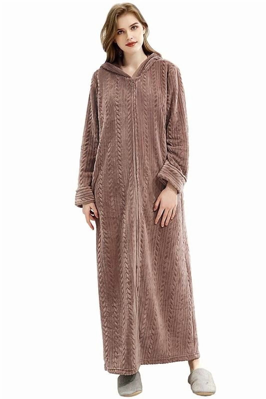 AMITOFO Long Hooded Robes for Women Soft Warm Fleece Zipper Bathrobe ...