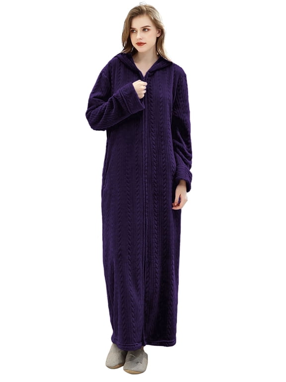 Long Hooded Robes for Women Soft Warm Fleece Zipper Bathrobe with Pockets and Jacquard Pattern
