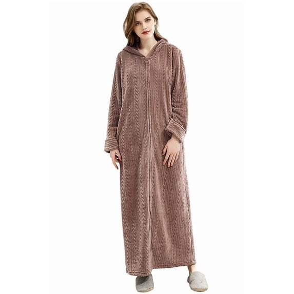 AMITOFO Long Hooded Robes for Women Soft Warm Fleece Zipper Bathrobe with Pockets and Jacquard Pattern
