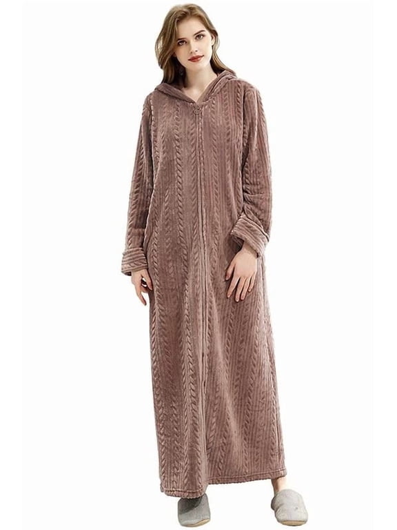 Long Hooded Robes for Women Soft Warm Fleece Zipper Bathrobe with Pockets and Jacquard Pattern