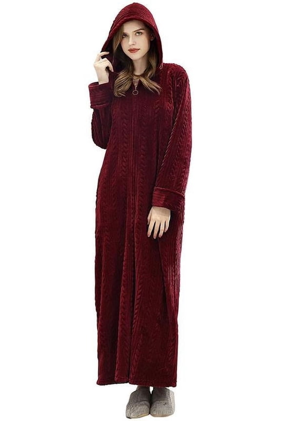 Long Hooded Robes for Women Soft Warm Fleece Zipper Bathrobe with Pockets and Jacquard Pattern