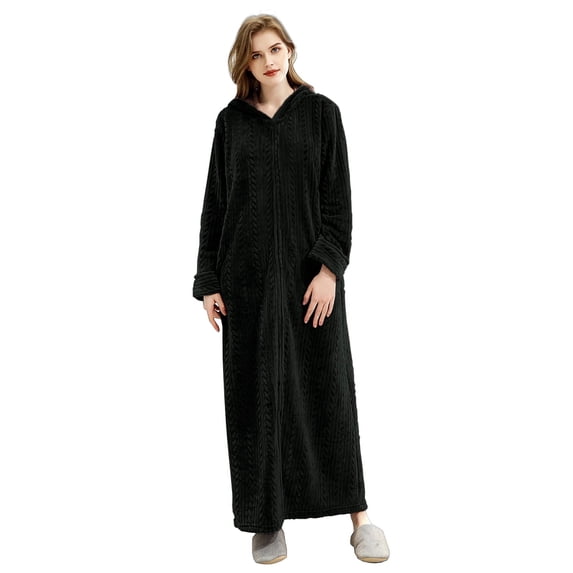 AMITOFO Long Hooded Robes for Women Soft Warm Fleece Zipper Bathrobe with Pockets and Jacquard Pattern