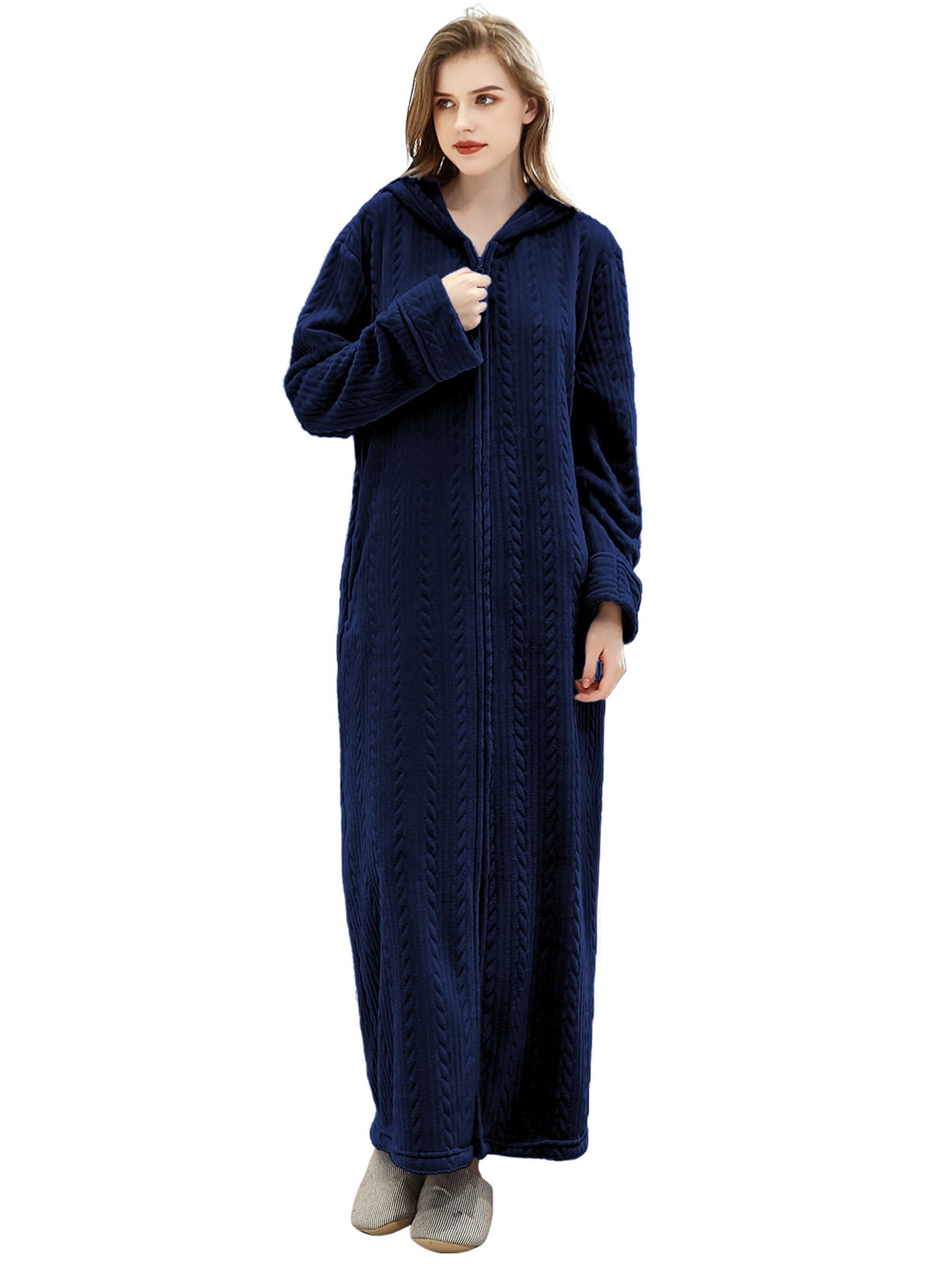 AMITOFO Long Hooded Robes for Women Soft Warm Fleece Zipper Bathrobe