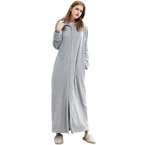 AMITOFO Long Hooded Robes for Women Soft Warm Fleece Zipper Bathrobe with Pockets and Jacquard Pattern