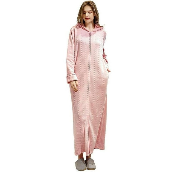 AMITOFO Long Hooded Robes for Women Soft Warm Fleece Zipper Bathrobe with Pockets and Jacquard Pattern