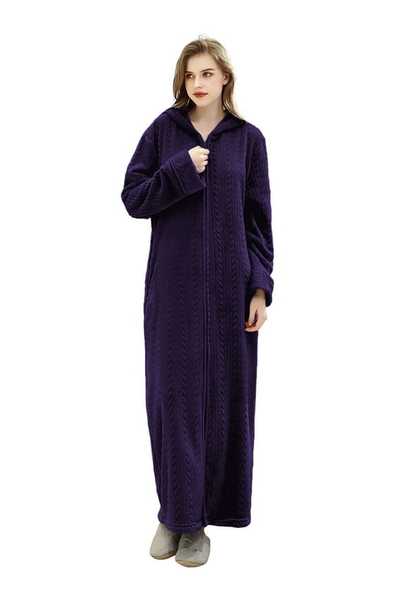 Long Length Hooded Robes for Women Soft Warm Fleece Zipper Bathrobe with Pockets and Jacquard Pattern