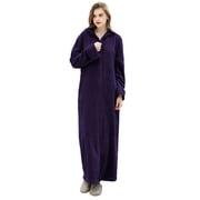 AMITOFO Long Length Hooded Robes for Women Soft Warm Fleece Zipper Bathrobe with Pockets and Jacquard Pattern