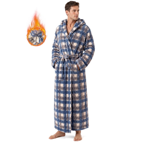 AMITOFO Long Robes for Men with Hood & Pockets,Soft Plush Full Length Hooded Bathrobe Winter Warm Fleece Sleepwear Shawl Collar Housecoat ,Size L & Gray Navy Plaid