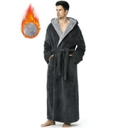 AMITOFO Long Robes for Men with Hood & Pockets，Soft Plush Full Length Hooded Bathrobe Winter Warm Fleece Sleepwear Shawl Collar Housecoat ,Size M-XXL & Gray