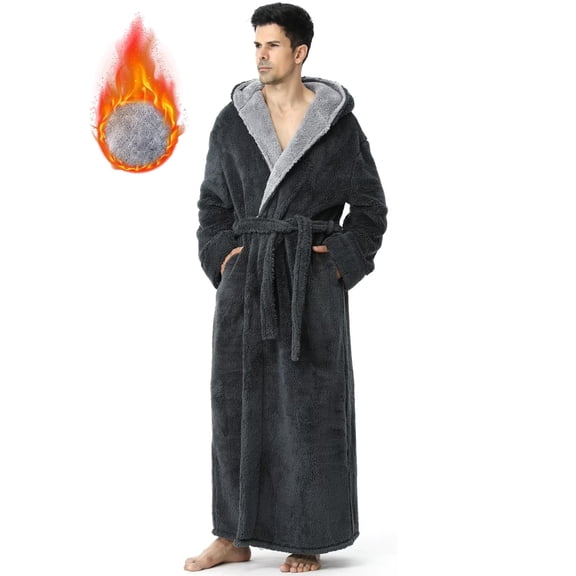 AMITOFO Long Robes for Men with Hood & Pockets,Soft Plush Full Length Hooded Bathrobe Winter Warm Fleece Sleepwear Shawl Collar Housecoat ,Size M-XXL & Gray