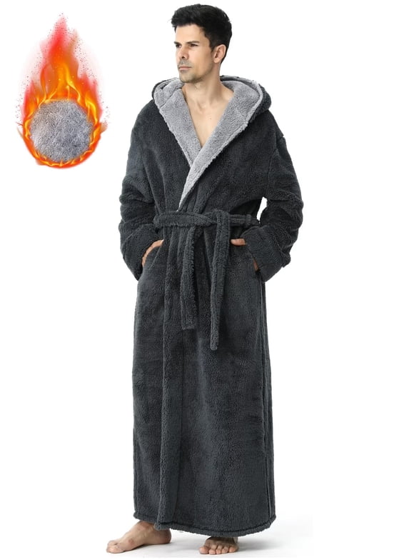 Long Robes for Men with Hood & Pockets,Soft Plush Full Length Hooded Bathrobe Winter Warm Fleece Sleepwear Shawl Collar Housecoat ,Size M-XXL & Gray