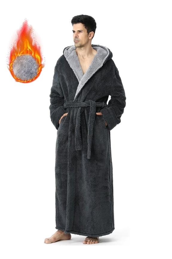 Long Robes for Men with Hood & Pockets,Soft Plush Full Length Hooded Bathrobe Winter Warm Fleece Sleepwear Shawl Collar Housecoat ,Size M-XXL & Gray