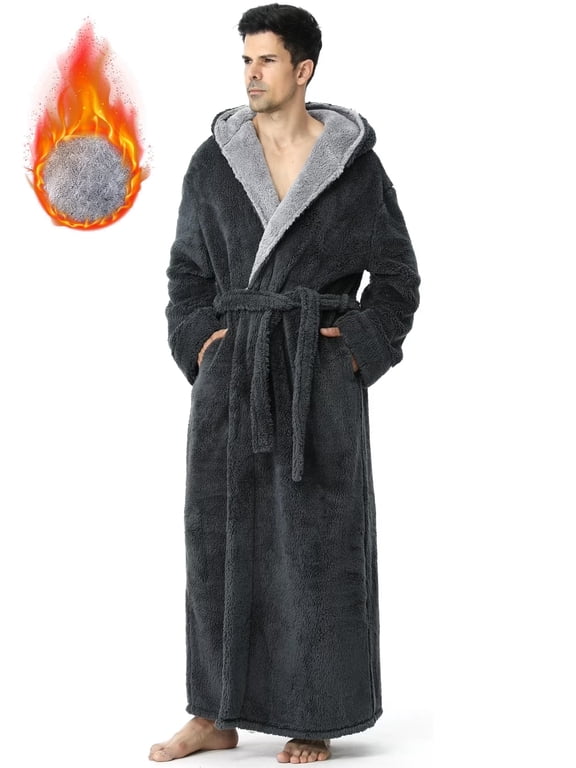 Long Robes for Men with Hood & Pockets,Soft Plush Full Length Hooded Bathrobe Winter Warm Fleece Sleepwear Shawl Collar Housecoat ,Size L & Gray
