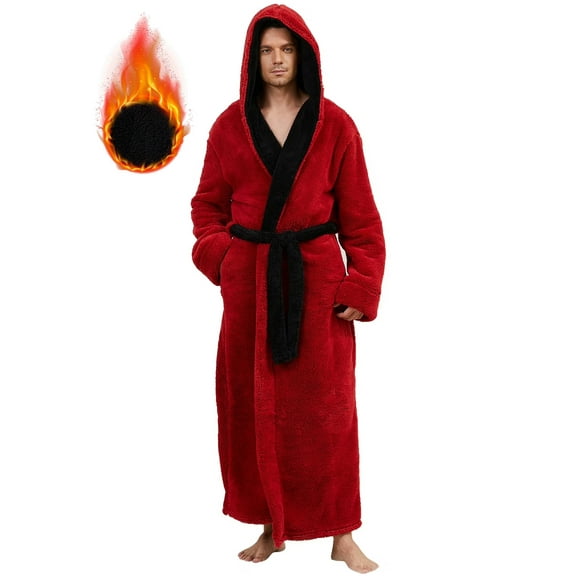 AMITOFO Long Robes for Men with Hood & Pockets,Soft Plush Full Length Hooded Bathrobe Winter Warm Fleece Sleepwear Shawl Collar Housecoat ,Size M-XXL & Wine Red