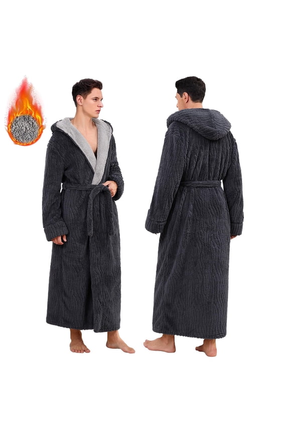 Long Robes for Men, Soft Fluffy Fleece Bath Robe with Front Pocket, Winter Warm Plush Hooded Men's Robes, Adjustable Belt