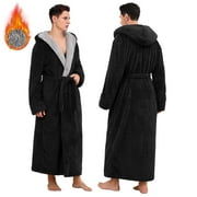AMITOFO Long Robes for Men, Soft Fluffy Fleece Bath Robe with Front Pocket, Winter Warm Plush Hooded Men's Robes, Adjustable Belt
