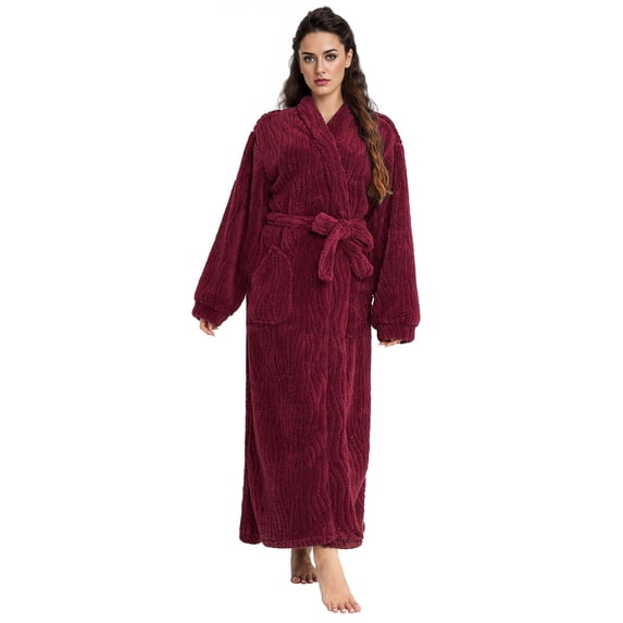 AMITOFO Long Robes for Women, Soft Fluffy Fleece Bath Robe with Front Pocket, Winter Warm Plush Lapel Women's Robes, Adjustable Belt