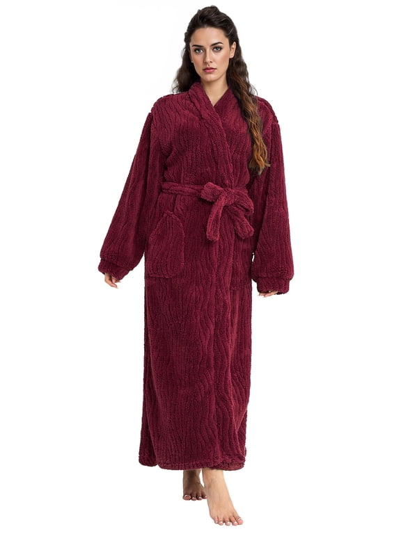 Long Robes for Women, Soft Fluffy Fleece Bath Robe with Front Pocket, Winter Warm Plush Lapel Women's Robes, Adjustable Belt