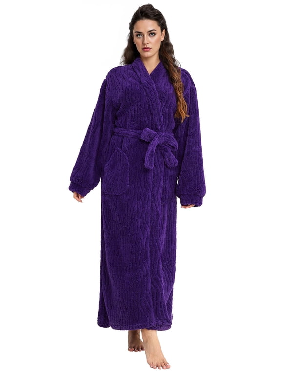 Long Robes for Women, Soft Fluffy Fleece Bath Robe with Front Pocket, Winter Warm Plush Lapel Women's Robes, Adjustable Belt